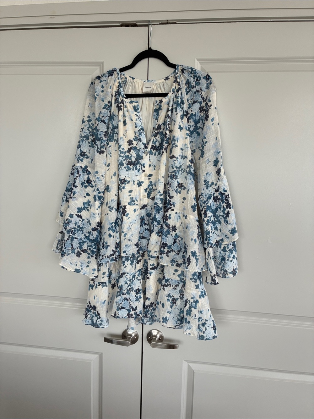 Maeve Cream and Light Blue Floral Tiered Mini Dress